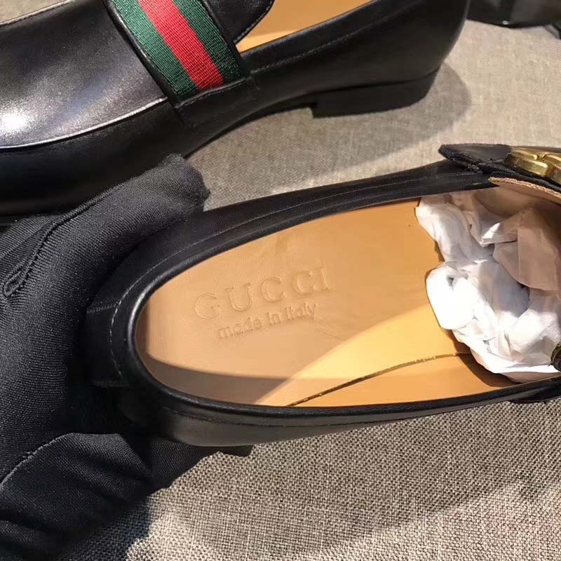 Gucci Men Leather Loafer with GG Web Shoes-Black