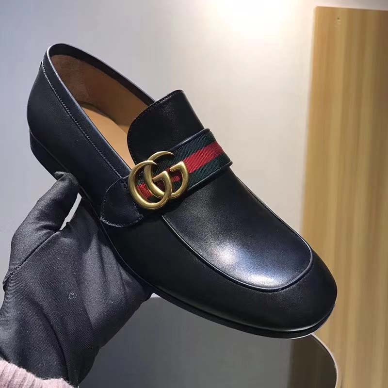 Gucci Men Leather Loafer with GG Web Shoes-Black