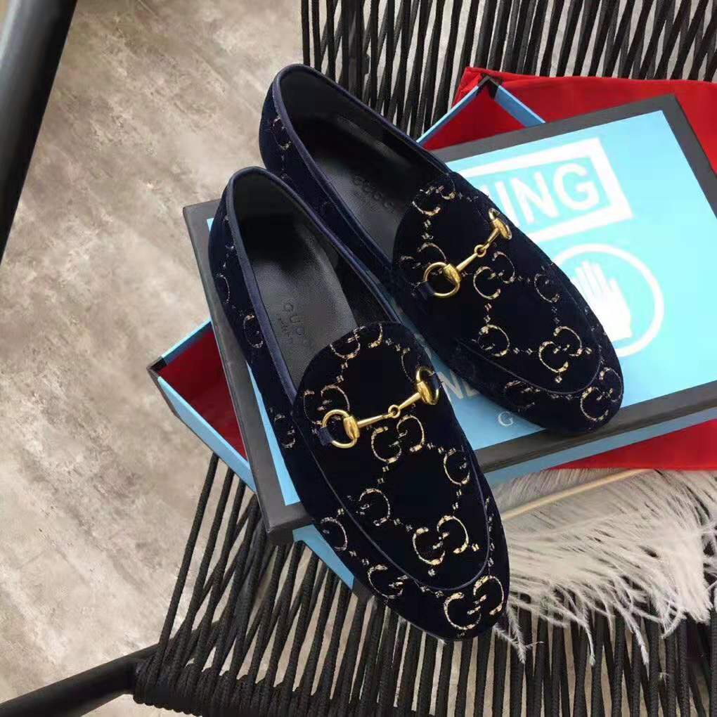 Gucci Unisex Jordaan GG Velvet Loafer-Navy