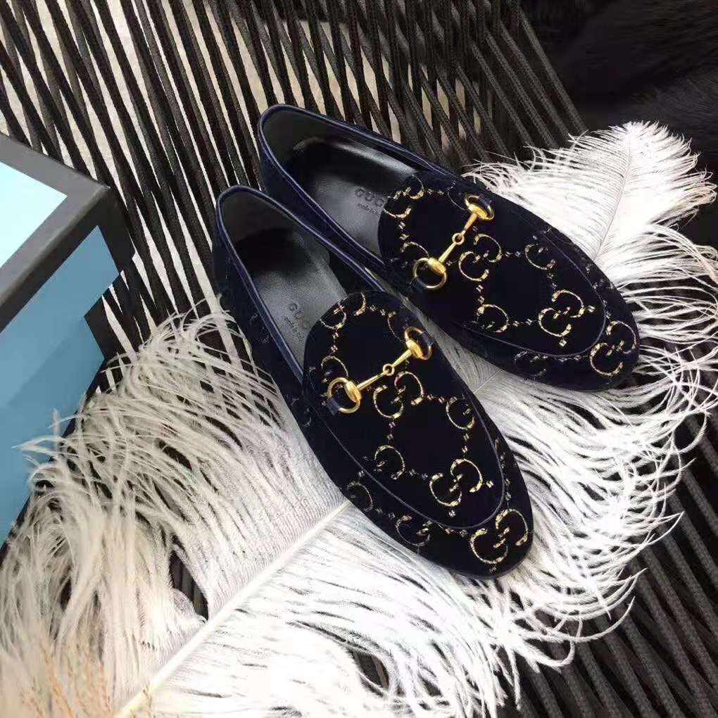 Gucci Unisex Jordaan GG Velvet Loafer-Navy