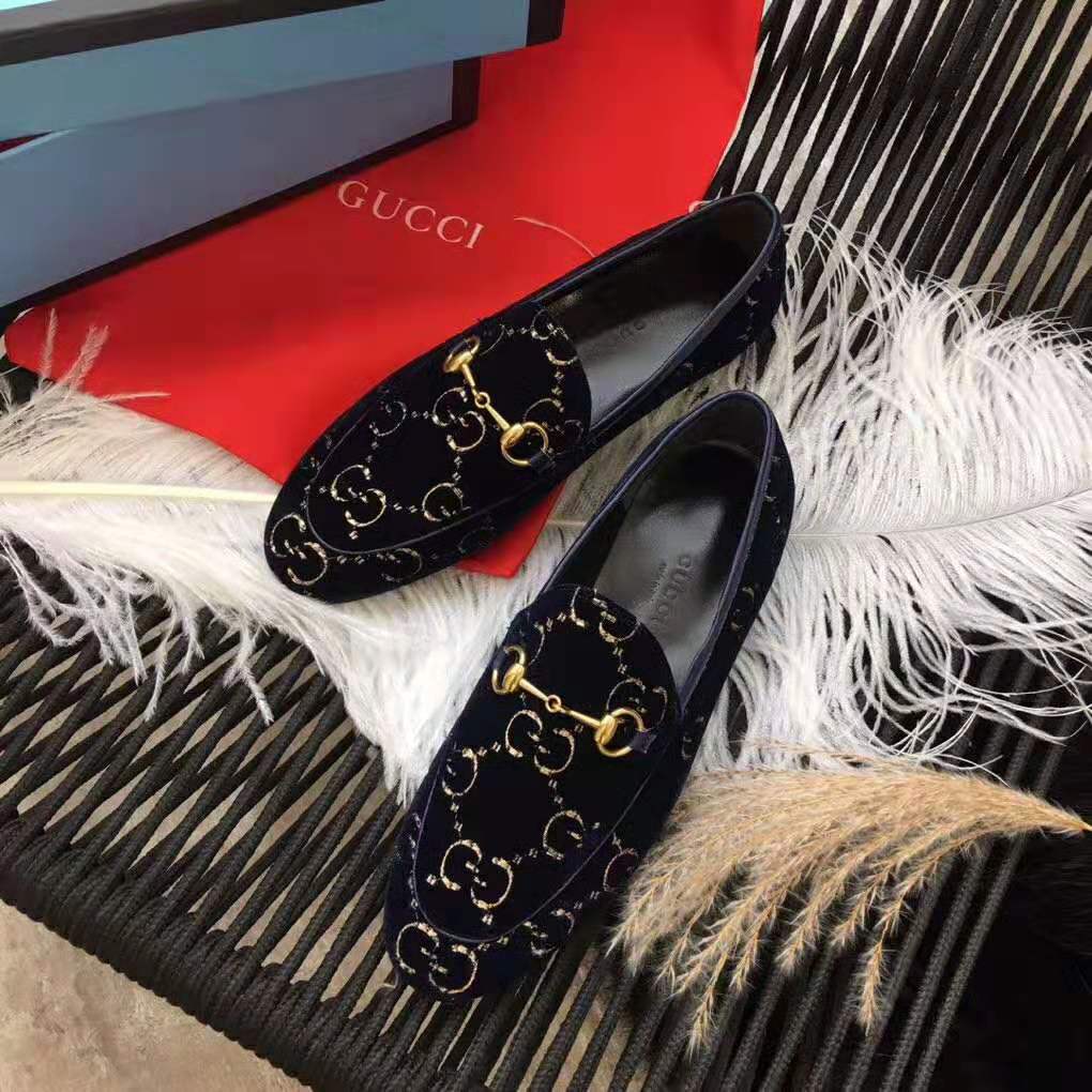Gucci Unisex Jordaan GG Velvet Loafer-Navy