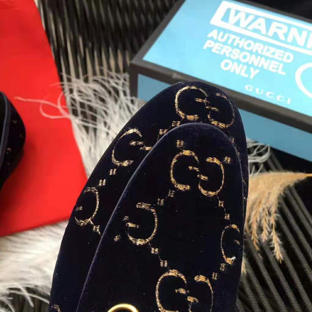 Gucci Unisex Jordaan GG Velvet Loafer-Navy