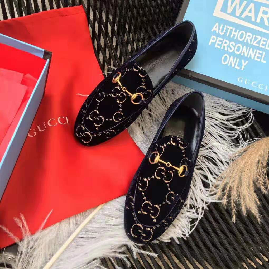 Gucci Unisex Jordaan GG Velvet Loafer-Navy
