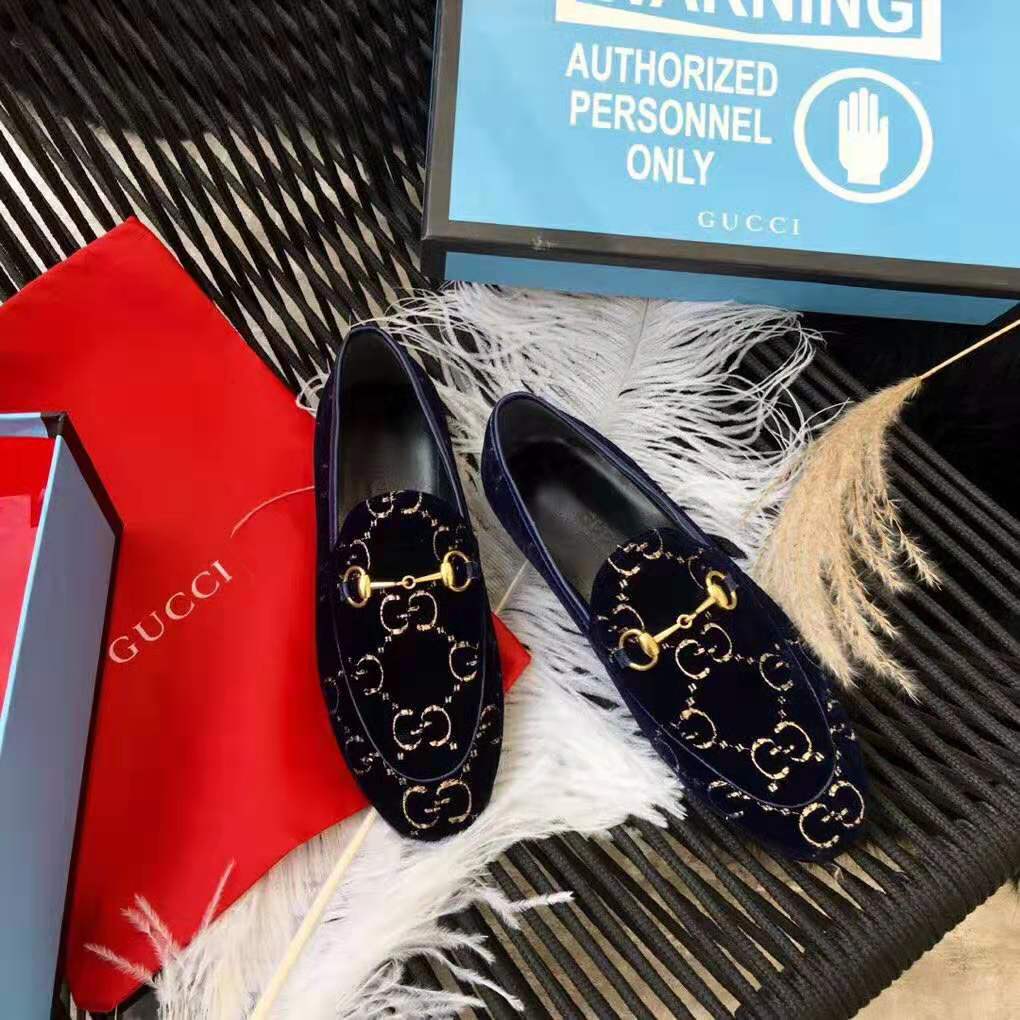 Gucci Unisex Jordaan GG Velvet Loafer-Navy
