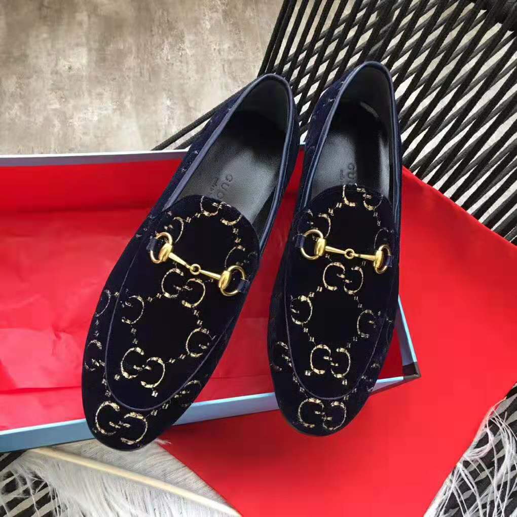 Gucci Unisex Jordaan GG Velvet Loafer-Navy