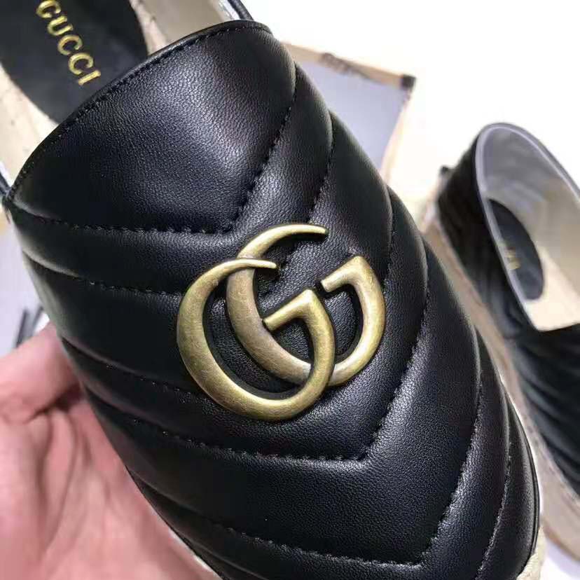 Gucci Women Chevron Leather Espadrille with Double G in 5.1 cm Height-Black