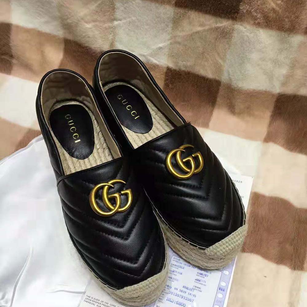 Gucci Women Leather Espadrille with Double G in Matelassé Chevron Leather-Black