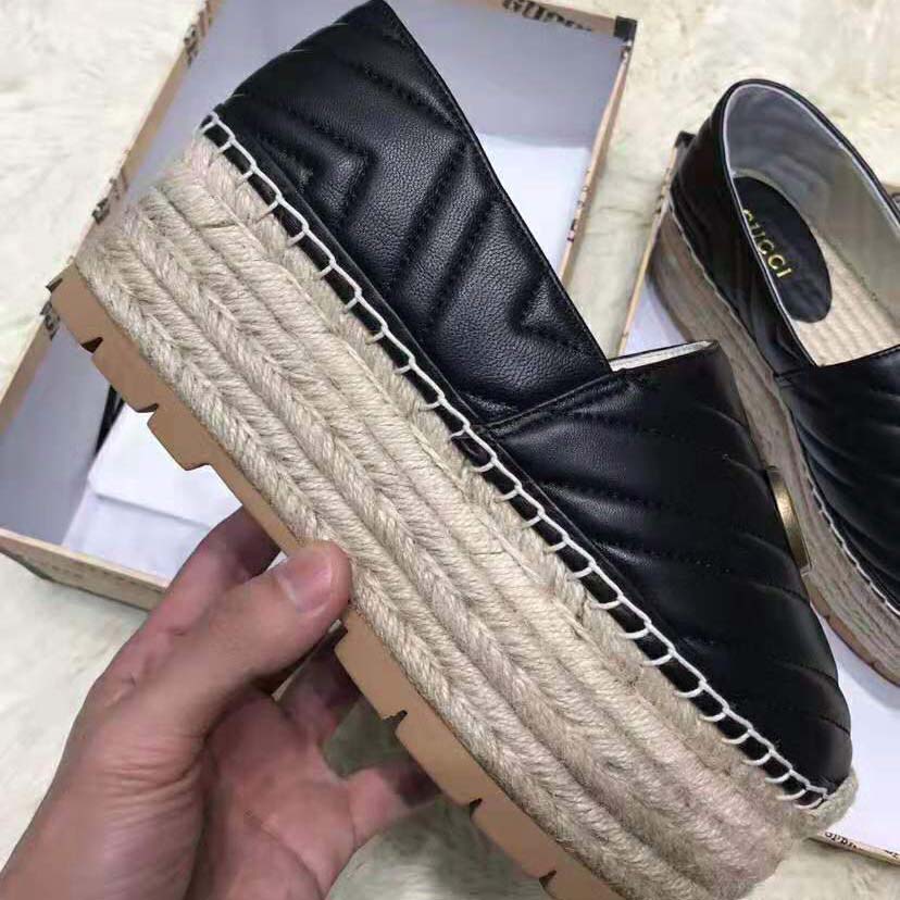 Gucci Women Chevron Leather Espadrille with Double G in 5.1 cm Height-Black
