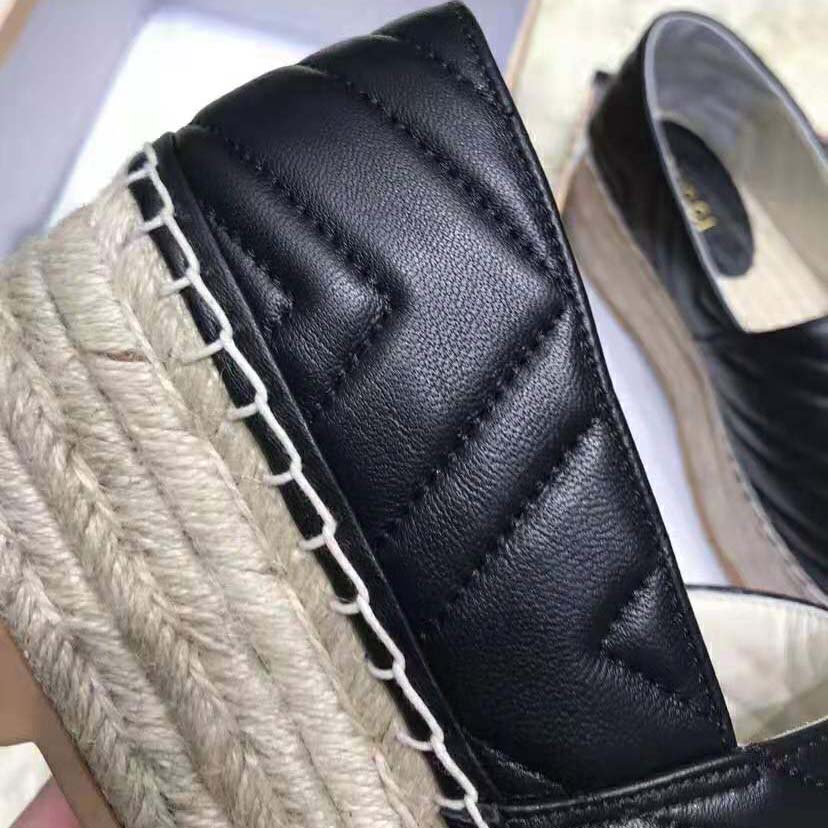 Gucci Women Chevron Leather Espadrille with Double G in 5.1 cm Height-Black
