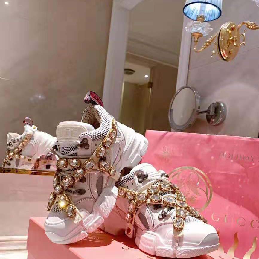 Gucci Women Flashtrek Sneaker with Removable Crystals 5.6cm Height-White