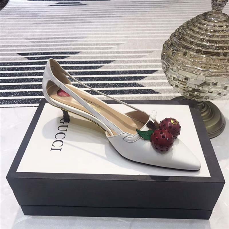 Gucci Women Leather Cherry Pump Shoes-White