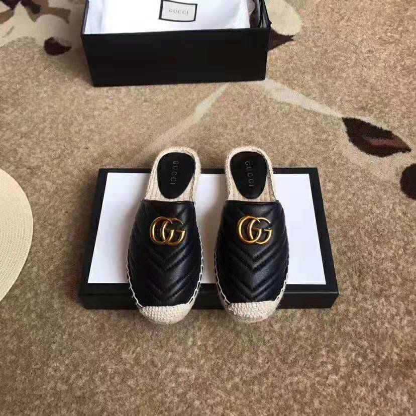 Gucci Women Leather Espadrille with Double G in 2 cm Height-Black