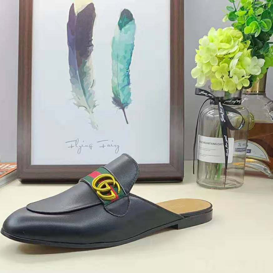 Gucci Women Leather Loafer with GG Web-Black