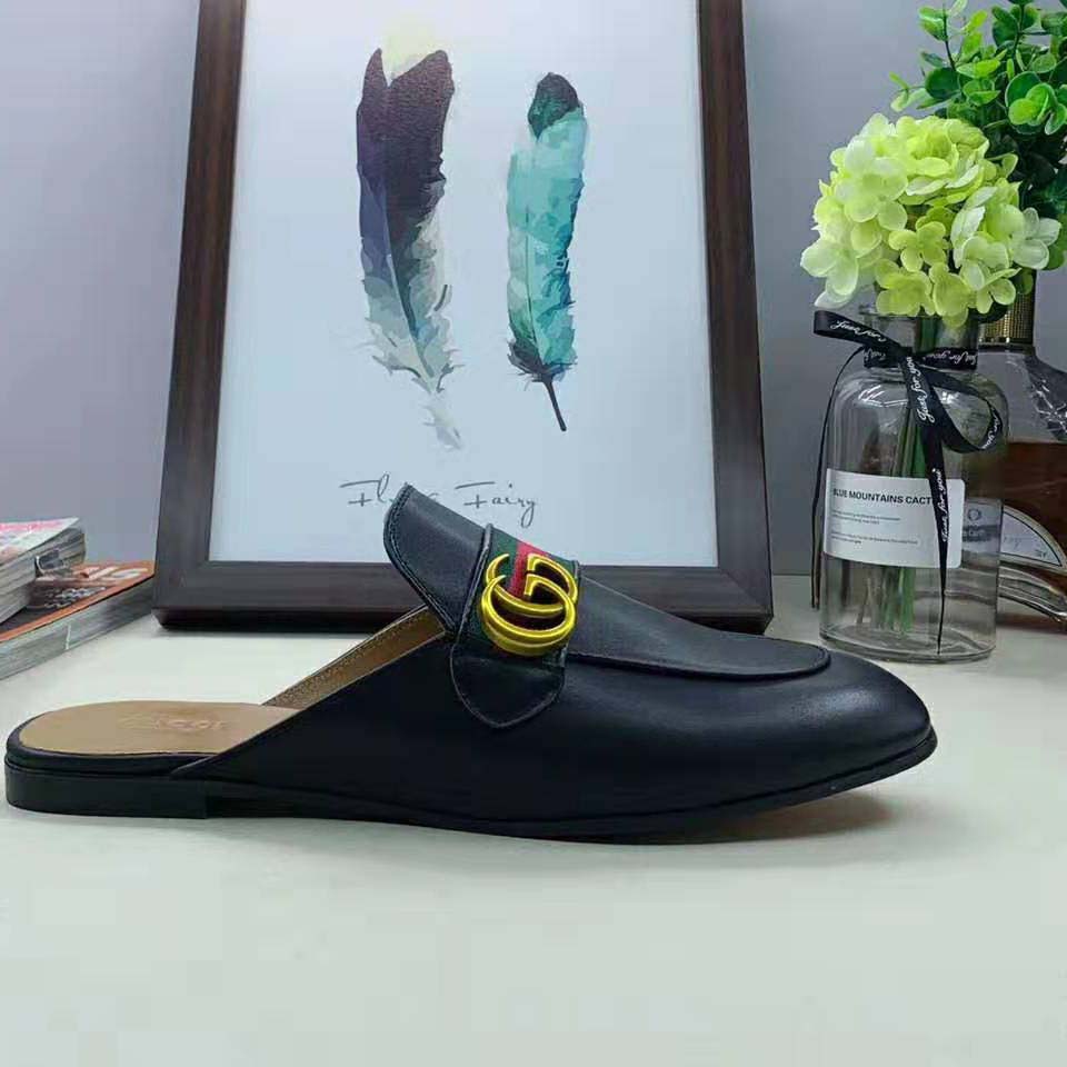 Gucci Women Leather Loafer with GG Web-Black