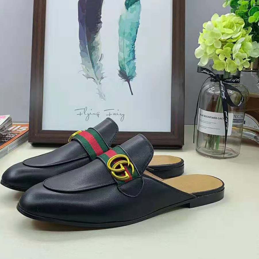 Gucci Women Leather Loafer with GG Web-Black