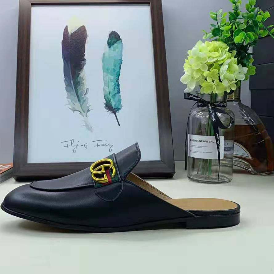 Gucci Women Leather Loafer with GG Web-Black