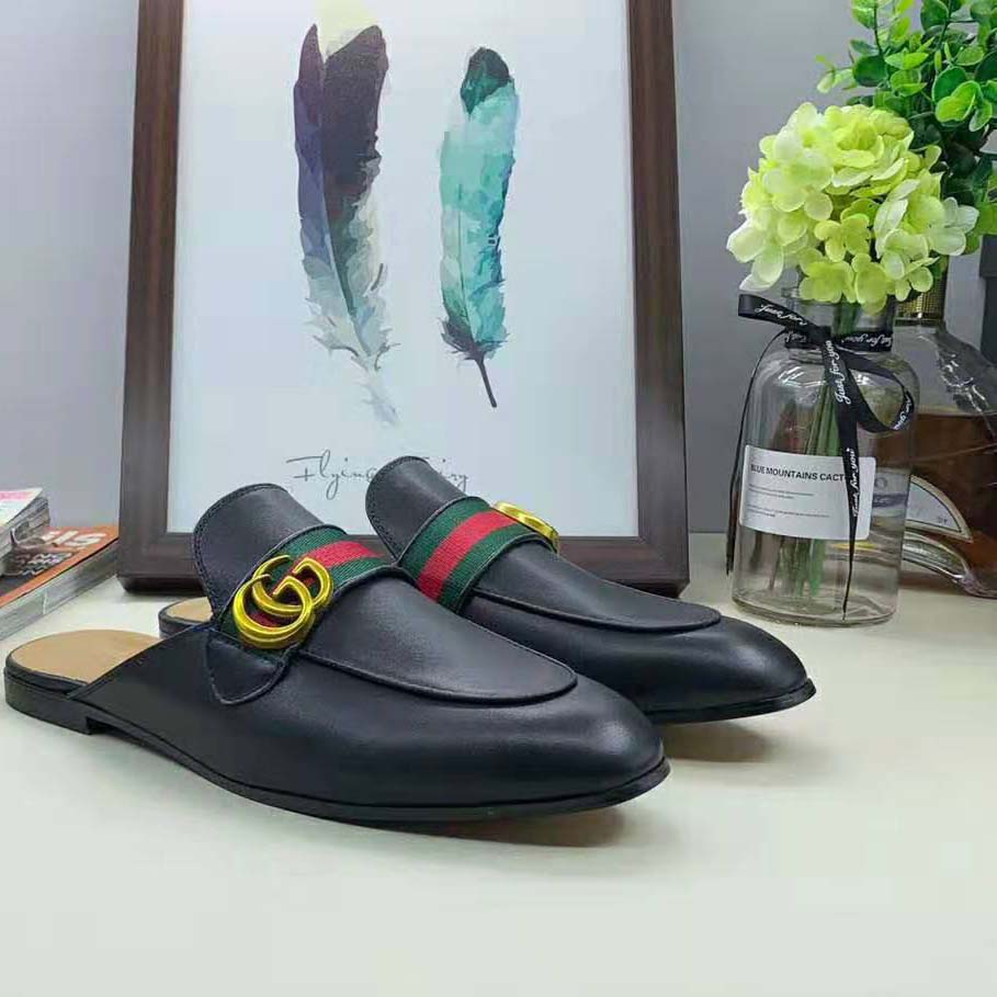 Gucci Women Leather Loafer with GG Web-Black
