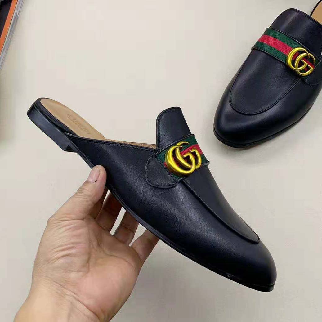 Gucci Women Leather Loafer with GG Web-Black