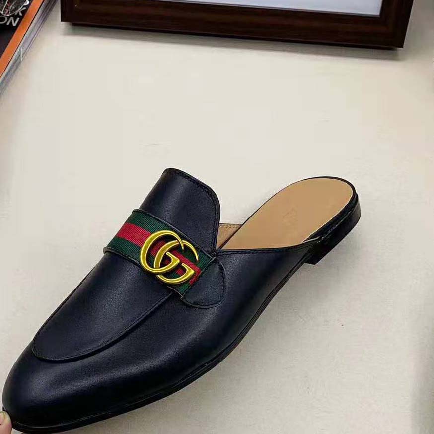 Gucci Women Leather Loafer with GG Web-Black