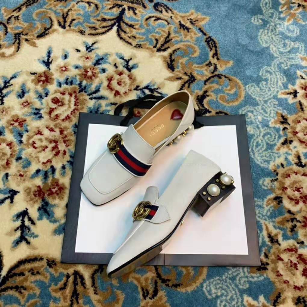 Gucci Women Leather Mid-Heel Loafer 1.5″ Heel-White