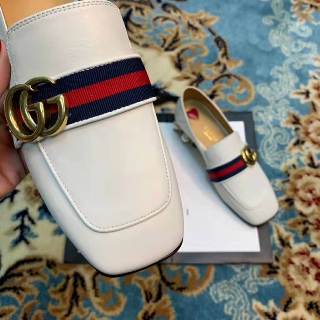 Gucci Women Leather Mid-Heel Loafer 1.5″ Heel-White
