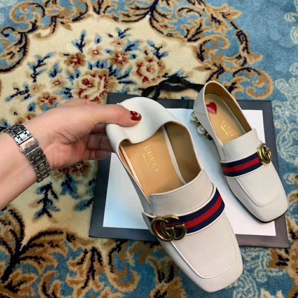 Gucci Women Leather Mid-Heel Loafer 1.5″ Heel-White