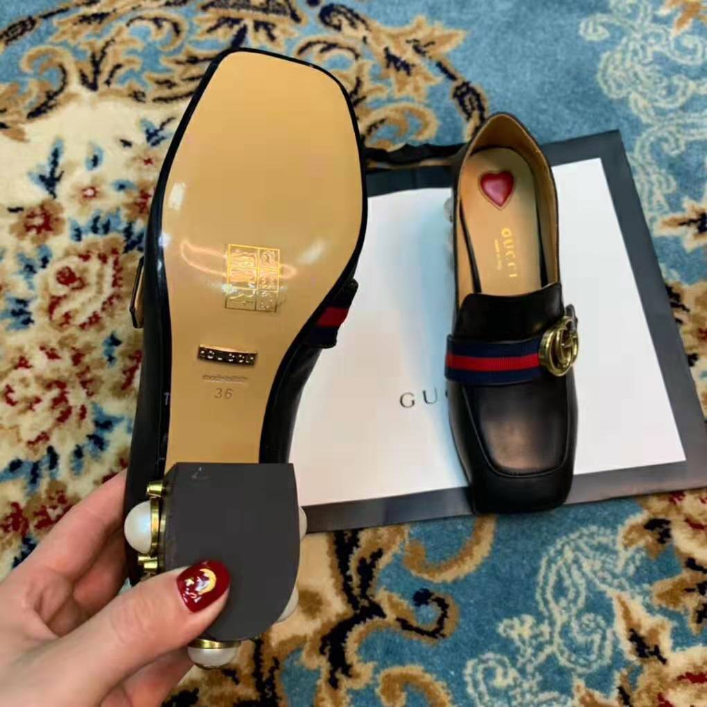 Gucci Women Leather Mid-Heel Loafer 3″ Heel-Black