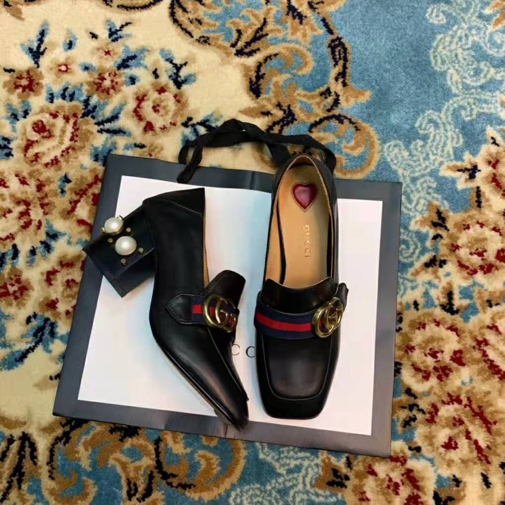 Gucci Women Leather Mid-Heel Loafer 3″ Heel-Black