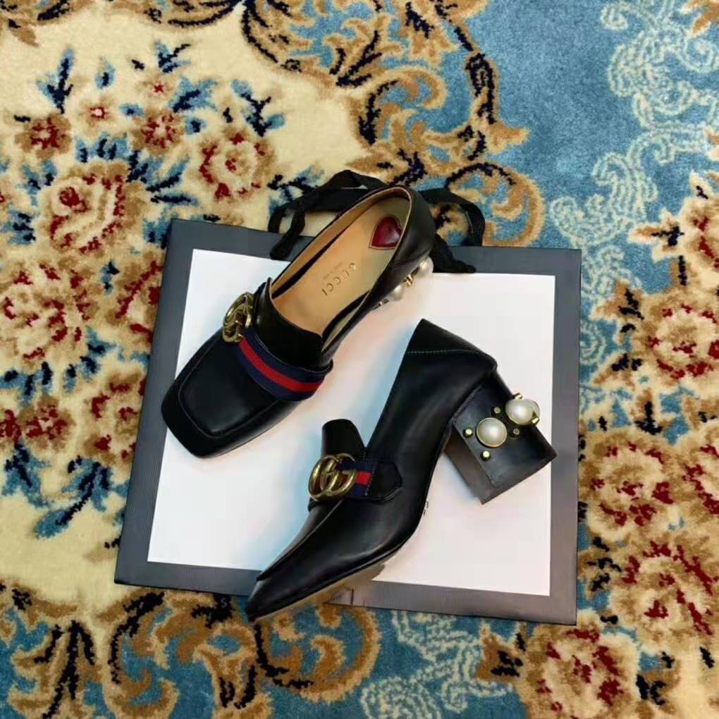 Gucci Women Leather Mid-Heel Loafer 3″ Heel-Black
