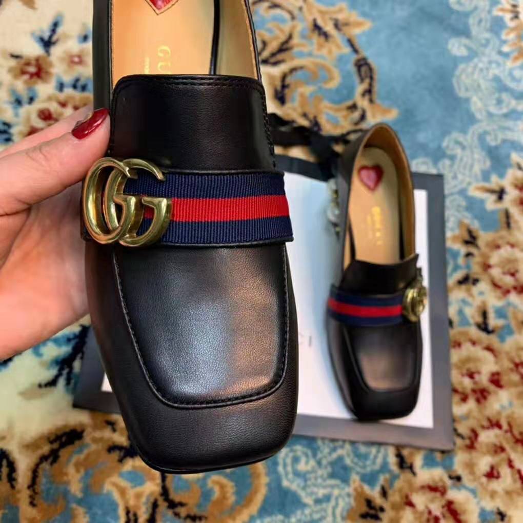 Gucci Women Leather Mid-Heel Loafer 3″ Heel-Black