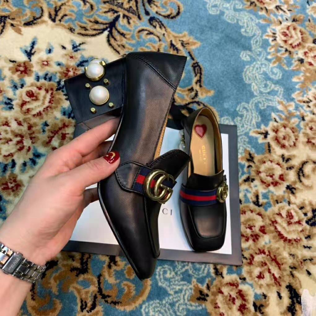 Gucci Women Leather Mid-Heel Loafer 3″ Heel-Black