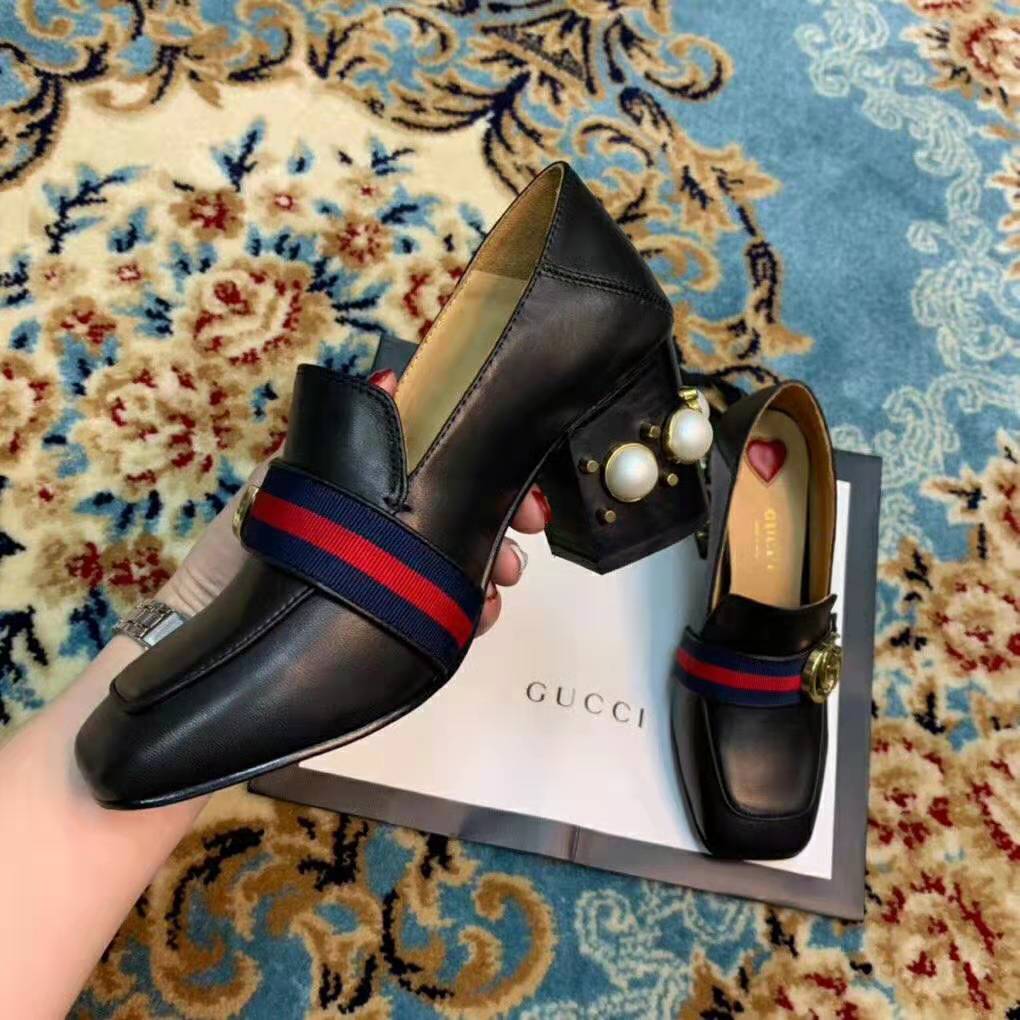 Gucci Women Leather Mid-Heel Loafer 3″ Heel-Black