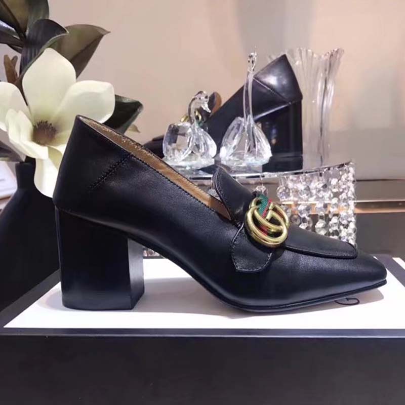 Gucci Women Leather Mid-Heel Loafer Shoes-Black