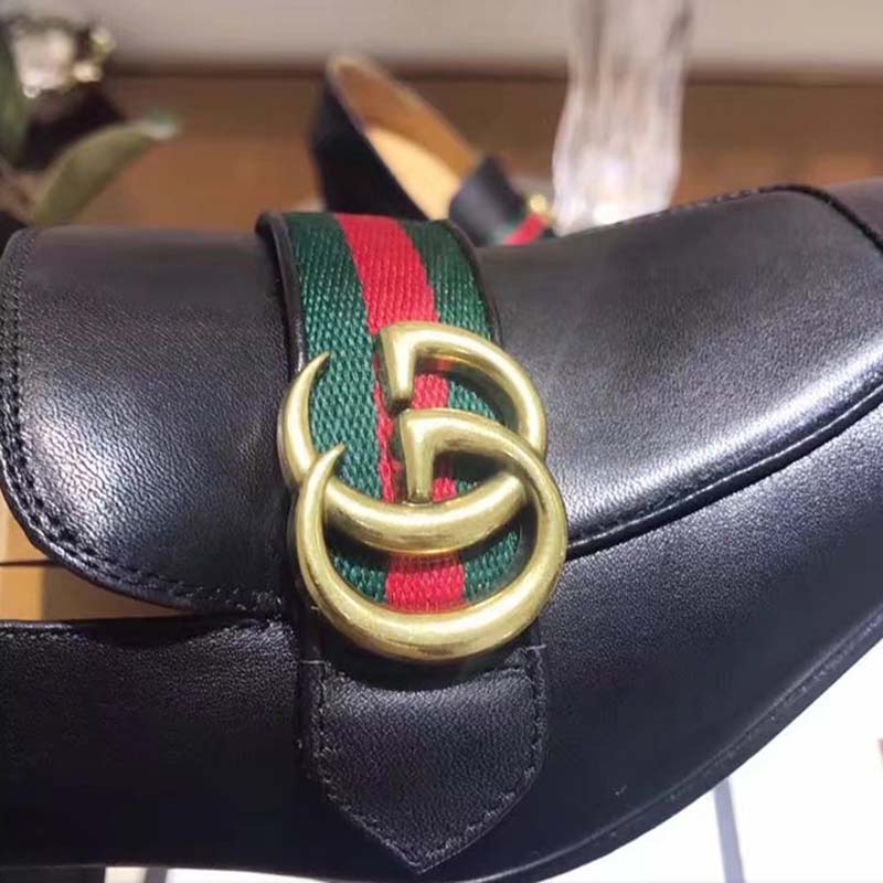 Gucci Women Leather Mid-Heel Loafer Shoes-Black