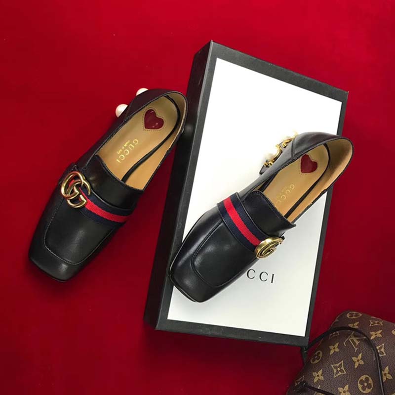 Gucci Women Leather Mid-Heel Loafer with Blue and Red Web-Black