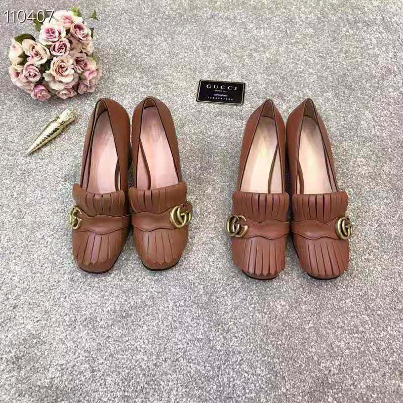 Gucci Women Leather Mid-Heel Pump with Fringe 5.1cm Heel-Brown