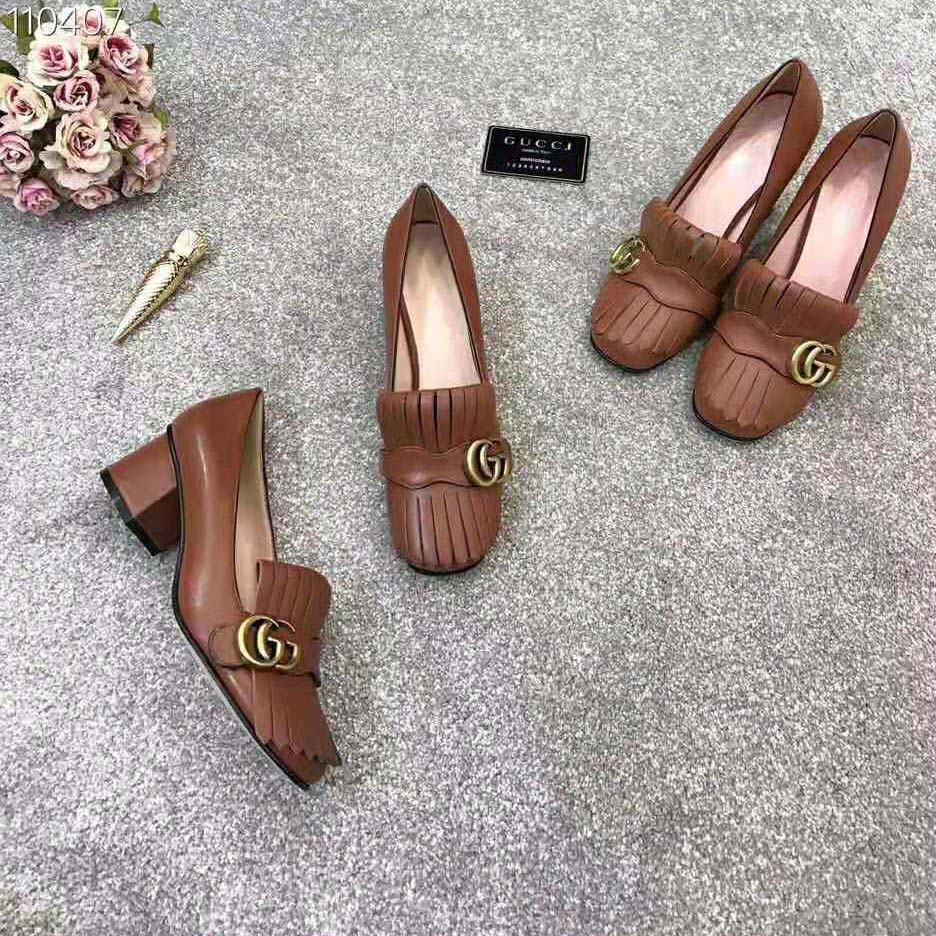 Gucci Women Leather Mid-Heel Pump with Fringe 5.1cm Heel-Brown