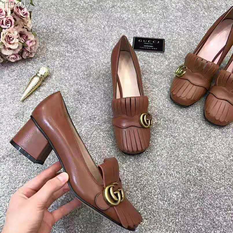 Gucci Women Leather Mid-Heel Pump with Fringe 5.1cm Heel-Brown