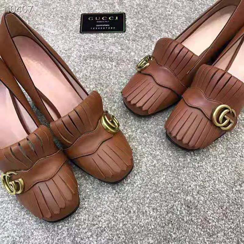 Gucci Women Leather Mid-Heel Pump with Fringe 5.1cm Heel-Brown