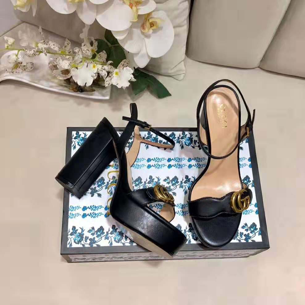 Gucci Women Leather Mid-Heel Sandal-Black