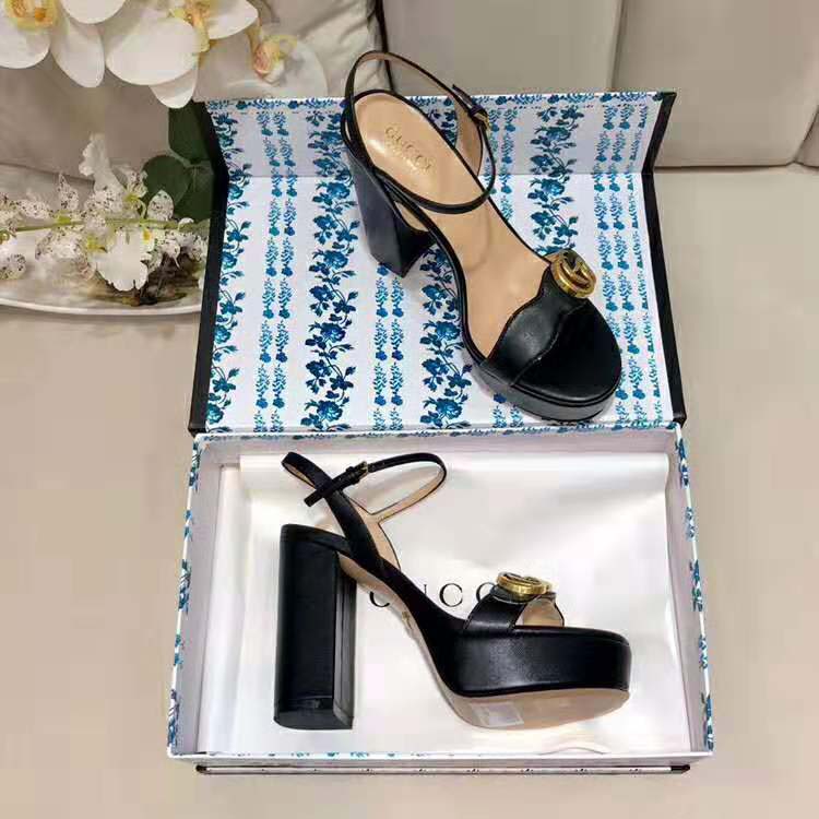 Gucci Women Leather Mid-Heel Sandal-Black