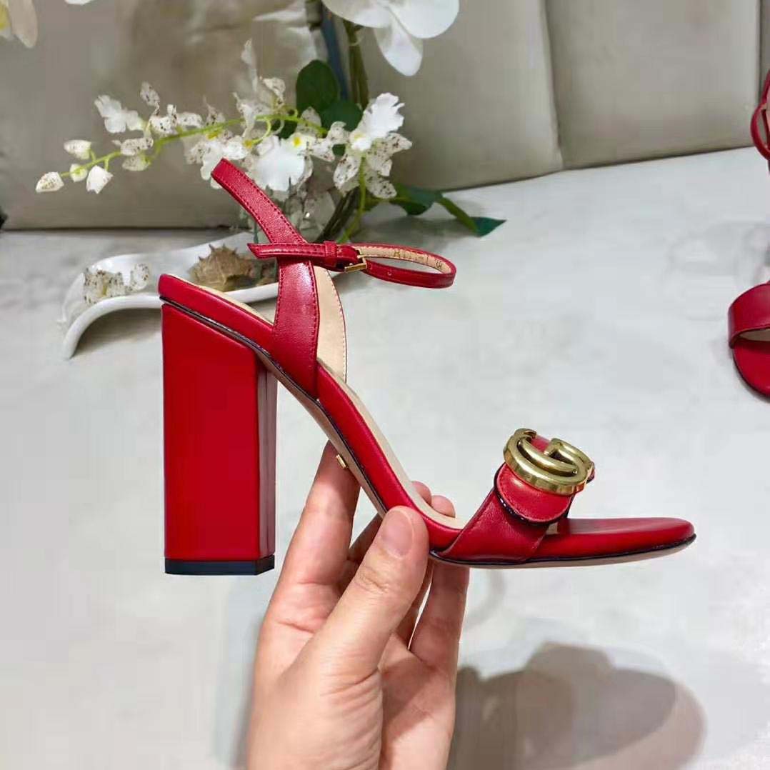 Gucci Women Leather Mid-Heel Sandal-Red
