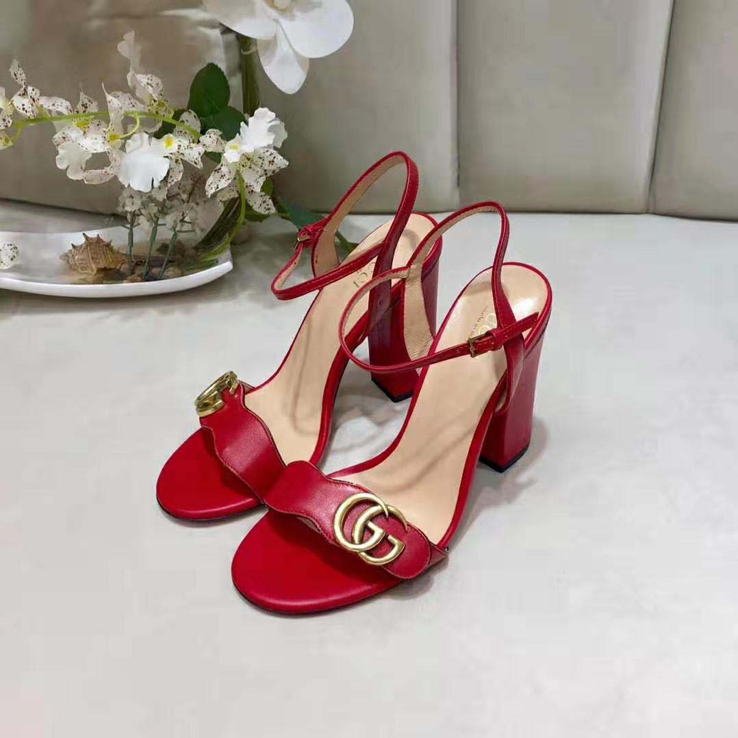 Gucci Women Leather Mid-Heel Sandal-Red