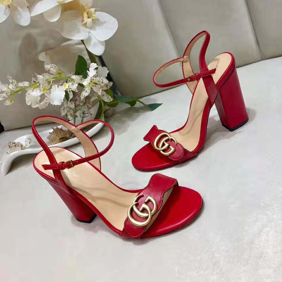 Gucci Women Leather Mid-Heel Sandal-Red