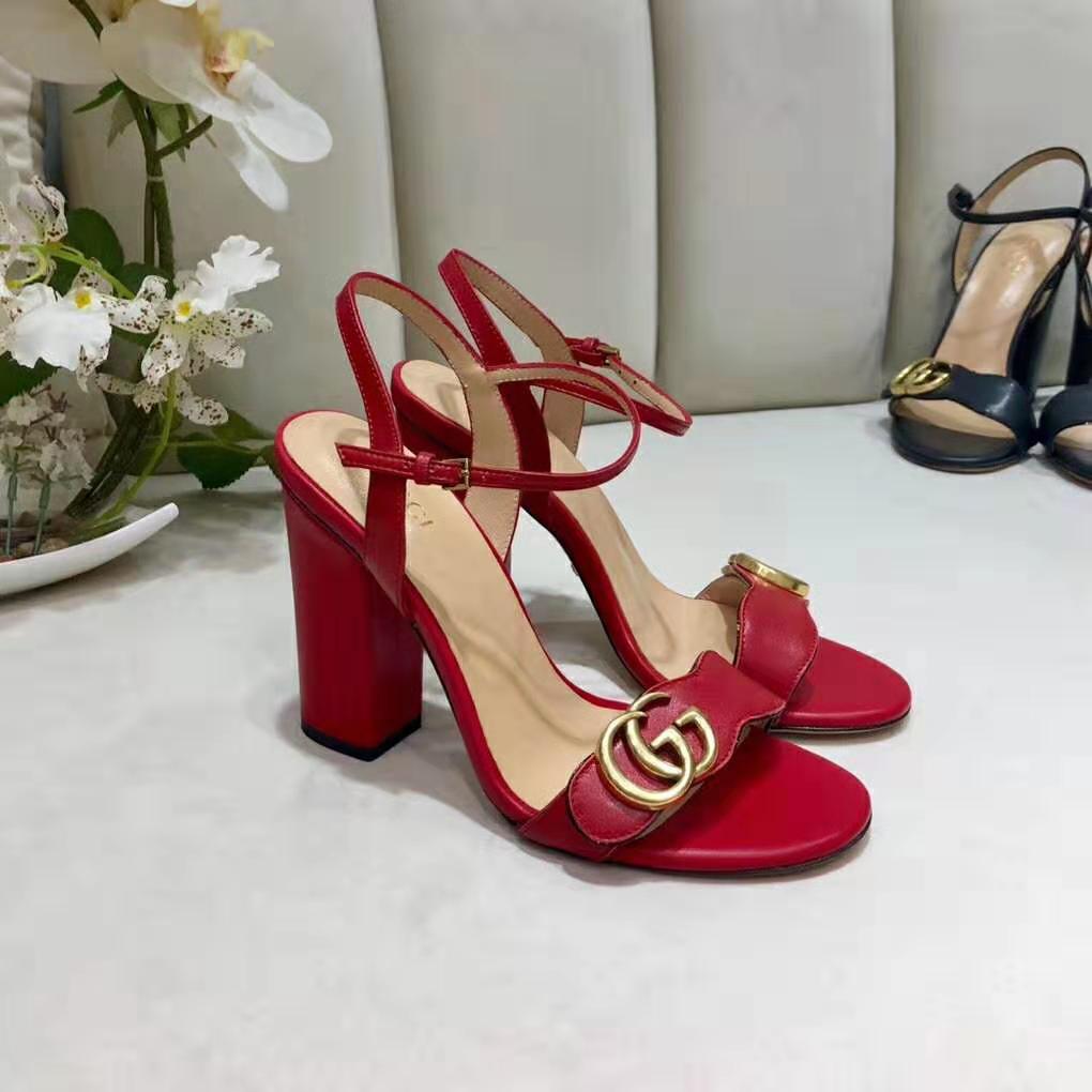 Gucci Women Leather Mid-Heel Sandal-Red