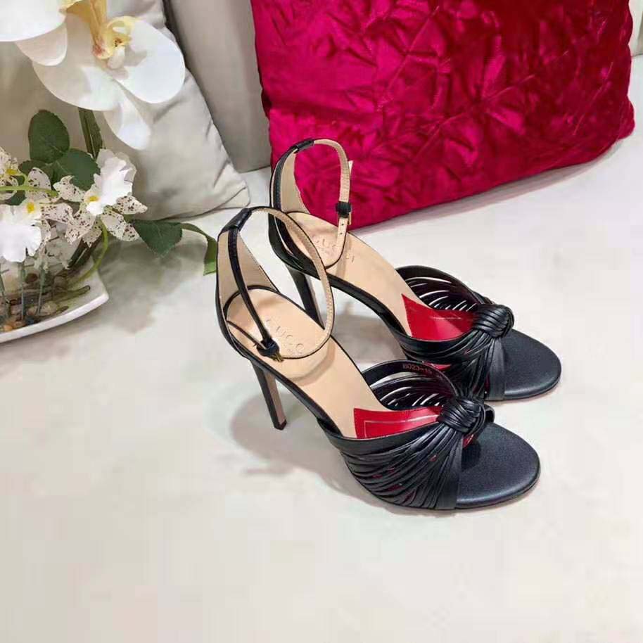 Gucci Women Metallic Leather Sandal in 10.4cm Heel Height-Black
