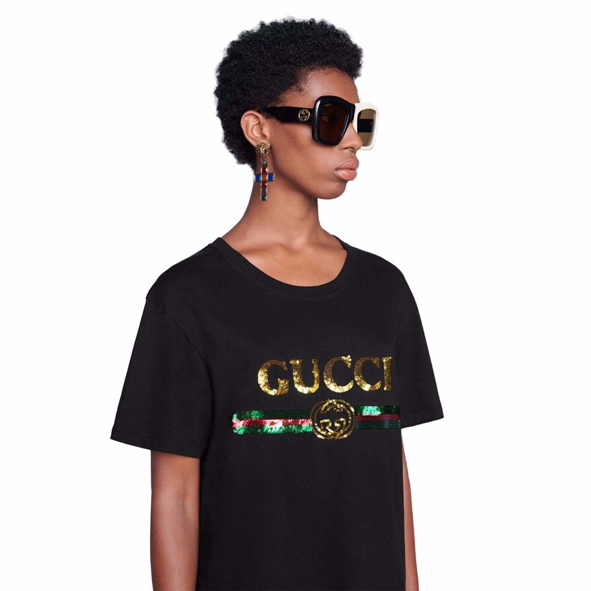 Gucci Women Oversize T-Shirt with Sequin Gucci Logo-Black