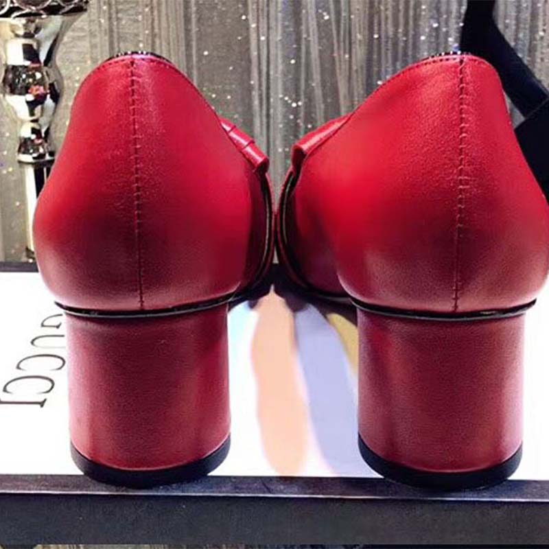 Gucci Women Shoes Leather Mid-Heel Pump 50mm Heel-Red