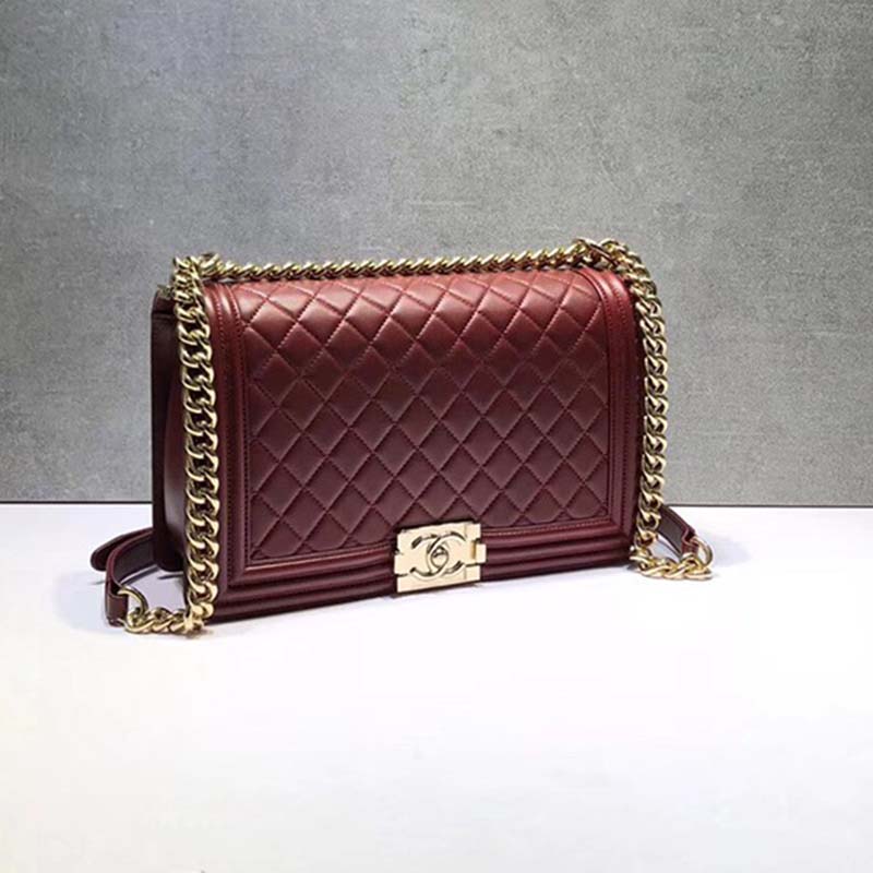 Chanel Women Large Leboy Flap Bag with Chain in Goatskin Leather-Maroon