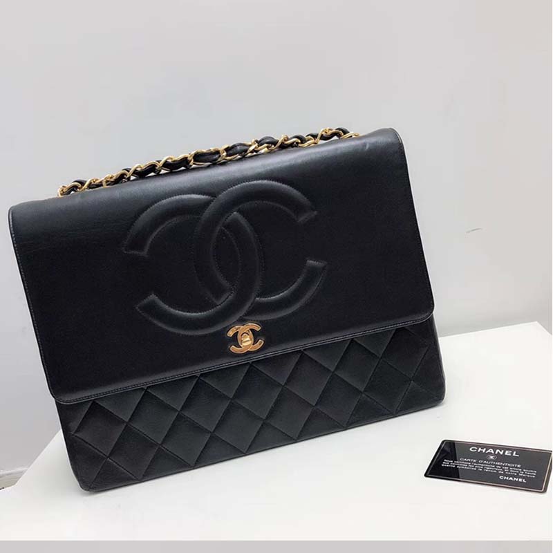Chanel Women Vintage Maxi Flap Bag in Goatskin Leather-Black